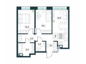2-к квартира, вторичка, 52м2, 2/10 этаж