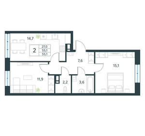 2-к квартира, вторичка, 55м2, 3/18 этаж