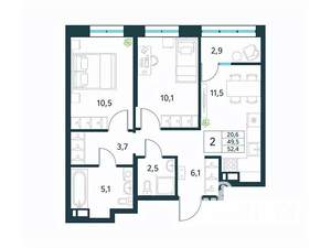 2-к квартира, вторичка, 52м2, 10/18 этаж
