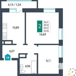 2-к квартира, строящийся дом, 50м2, 2/16 этаж