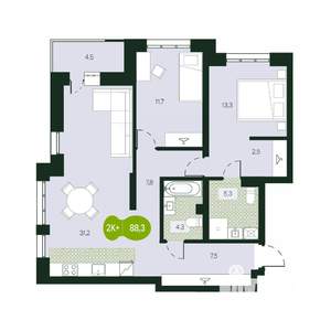 3-к квартира, вторичка, 88м2, 1/18 этаж