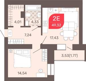 1-к квартира, строящийся дом, 49м2, 8/9 этаж
