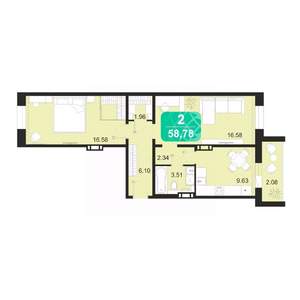 2-к квартира, строящийся дом, 59м2, 4/9 этаж