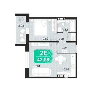 2-к квартира, строящийся дом, 43м2, 7/9 этаж