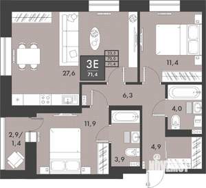 3-к квартира, строящийся дом, 72м2, 12/16 этаж