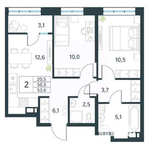 2-к квартира, вторичка, 54м2, 14/18 этаж