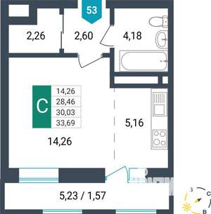 Студия квартира, строящийся дом, 30м2, 7/16 этаж