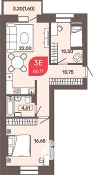 3-к квартира, строящийся дом, 66м2, 2/9 этаж