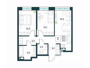 2-к квартира, вторичка, 52м2, 3/18 этаж