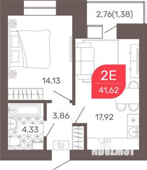 1-к квартира, строящийся дом, 42м2, 9/9 этаж