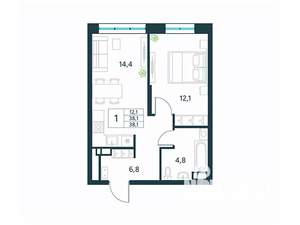 1-к квартира, вторичка, 38м2, 4/18 этаж