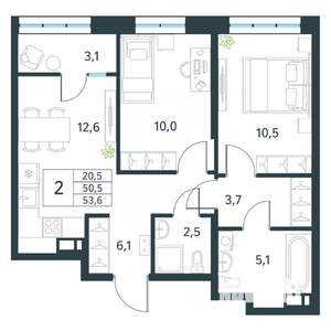 2-к квартира, вторичка, 54м2, 10/18 этаж