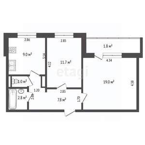 2-к квартира, вторичка, 51м2, 2/9 этаж