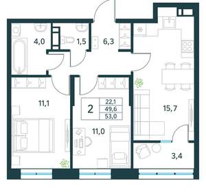 2-к квартира, вторичка, 53м2, 15/18 этаж
