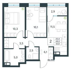 2-к квартира, вторичка, 52м2, 18/18 этаж