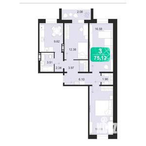 3-к квартира, строящийся дом, 75м2, 1/9 этаж