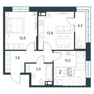 2-к квартира, вторичка, 55м2, 15/18 этаж