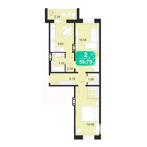 2-к квартира, строящийся дом, 59м2, 1/9 этаж