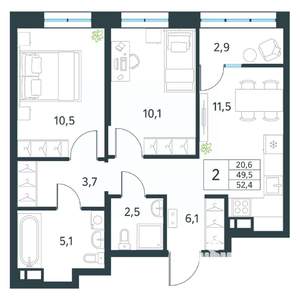 2-к квартира, вторичка, 52м2, 10/18 этаж