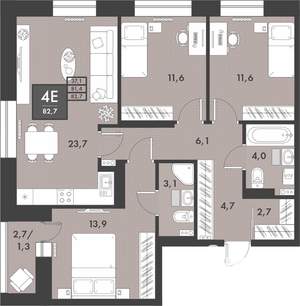 3-к квартира, строящийся дом, 83м2, 2/16 этаж