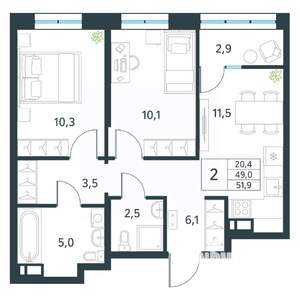 2-к квартира, вторичка, 52м2, 16/18 этаж