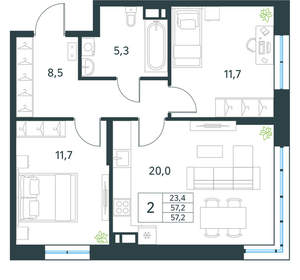 2-к квартира, вторичка, 57м2, 4/18 этаж