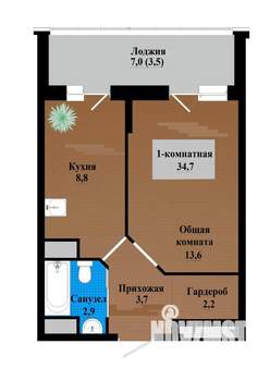 1-к квартира, строящийся дом, 35м2, 2/12 этаж