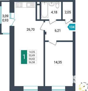 1-к квартира, строящийся дом, 54м2, 10/16 этаж