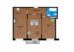 3-к квартира, строящийся дом, 64м2, 9/12 этаж