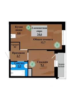 2-к квартира, строящийся дом, 35м2, 10/12 этаж