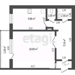 1-к квартира, вторичка, 42м2, 7/9 этаж