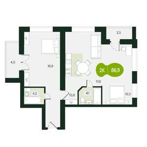 2-к квартира, строящийся дом, 87м2, 1/9 этаж