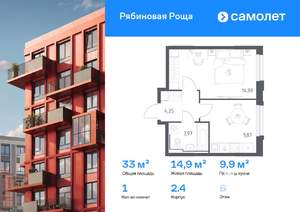 1-к квартира, вторичка, 33м2, 6/17 этаж