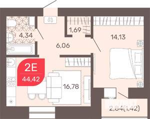 1-к квартира, строящийся дом, 44м2, 4/9 этаж