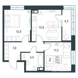 2-к квартира, вторичка, 55м2, 6/18 этаж
