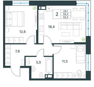 2-к квартира, вторичка, 55м2, 5/18 этаж