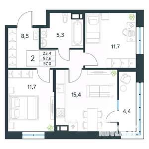 2-к квартира, вторичка, 57м2, 8/18 этаж