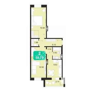 2-к квартира, строящийся дом, 59м2, 3/9 этаж