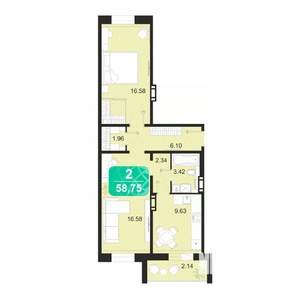 2-к квартира, строящийся дом, 59м2, 1/9 этаж