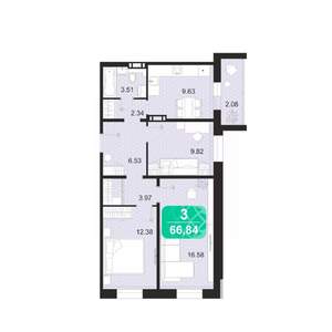 3-к квартира, строящийся дом, 67м2, 1/9 этаж