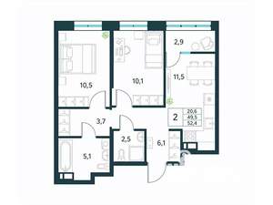 2-к квартира, вторичка, 52м2, 9/18 этаж