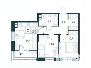 2-к квартира, вторичка, 54м2, 7/10 этаж