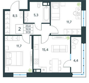 2-к квартира, вторичка, 57м2, 8/18 этаж