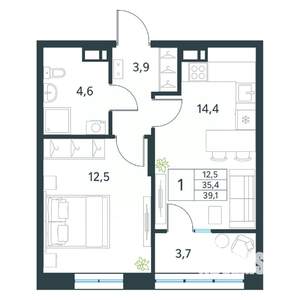1-к квартира, вторичка, 39м2, 8/18 этаж