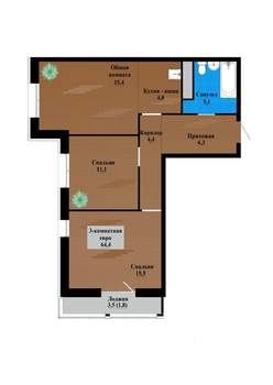 3-к квартира, строящийся дом, 64м2, 2/12 этаж