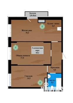 3-к квартира, строящийся дом, 64м2, 6/12 этаж