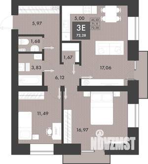3-к квартира, строящийся дом, 71м2, 7/9 этаж