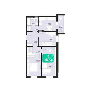 3-к квартира, строящийся дом, 67м2, 8/9 этаж