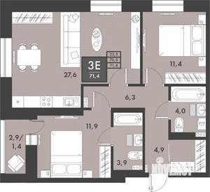 3-к квартира, строящийся дом, 72м2, 5/16 этаж