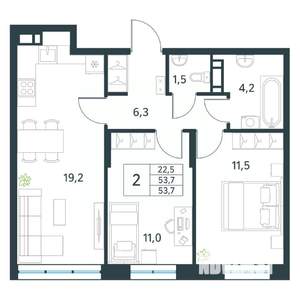 2-к квартира, вторичка, 54м2, 2/18 этаж